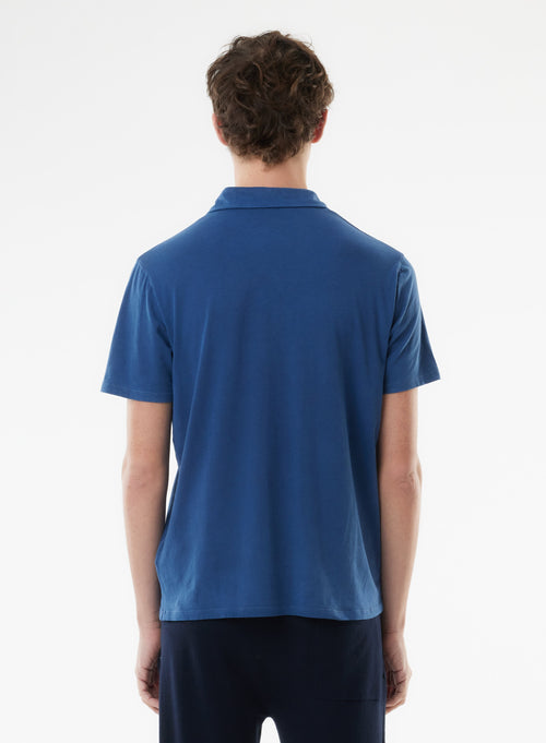 Blue Short Sleeve Polo Shirt in Organic Cotton and Elastane - MAJESTIC FILATURES