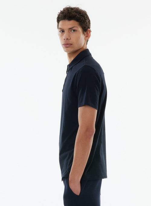 Navy Short Sleeve Polo Shirt in Organic Cotton and Elastane - MAJESTIC FILATURES