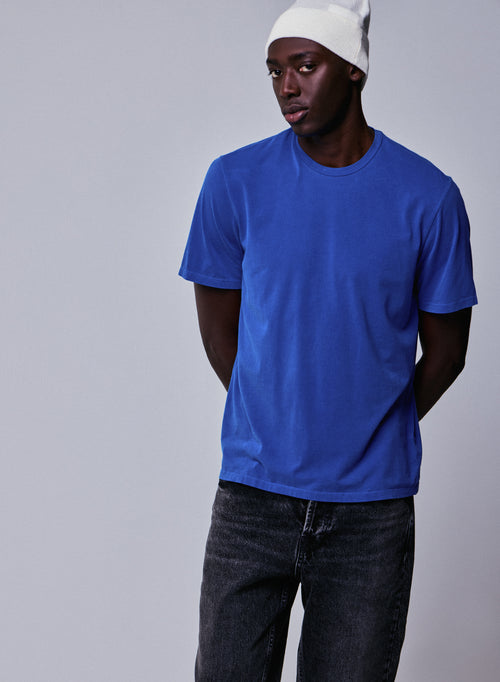 Blaues Kurzarm-T-Shirt mit Rundhalsausschnitt aus Bio-Baumwolle / Elasthan - MAJESTIC FILATURES