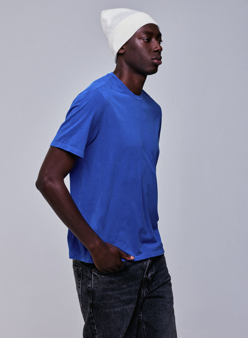 Blue Round Neck Short Sleeve T-shirt in Organic Cotton / Elastane - MAJESTIC FILATURES