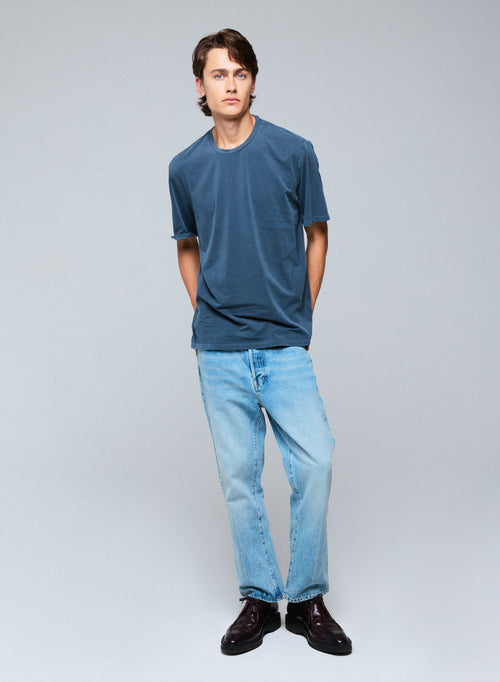 Blue Round Neck Short Sleeve T-shirt in Organic Cotton / Elastane - MAJESTIC FILATURES