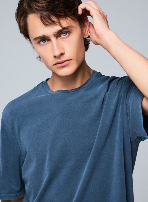 Blue Round Neck Short Sleeve T-shirt in Organic Cotton / Elastane - MAJESTIC FILATURES