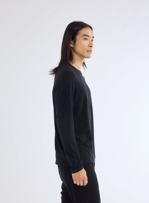 Black Henry Round Neck Long Sleeve T-shirt in Organic Cotton and Elastane - MAJESTIC FILATURES