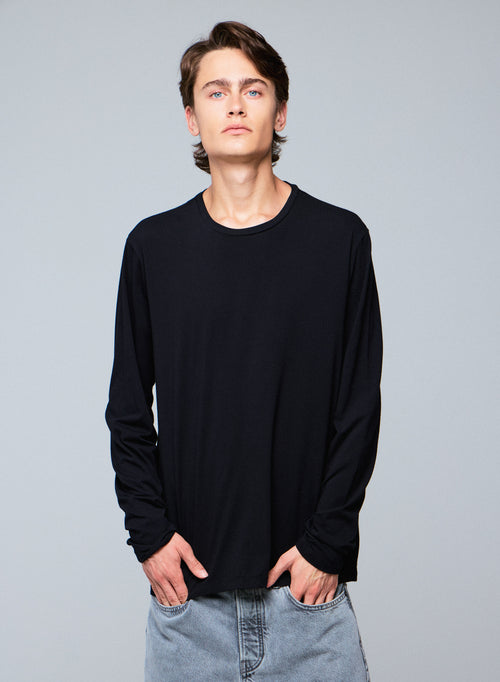 Black Henry Long Sleeve Crew Neck Organic Cotton T-Shirt - MAJESTIC FILATURES