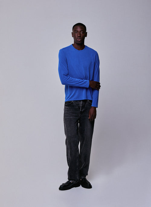 Blue Round Neck Long Sleeve T-shirt in Organic Cotton / Elastane - MAJESTIC FILATURES