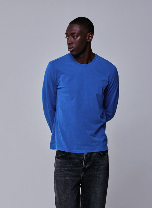 Blue Round Neck Long Sleeve T-shirt in Organic Cotton / Elastane - MAJESTIC FILATURES