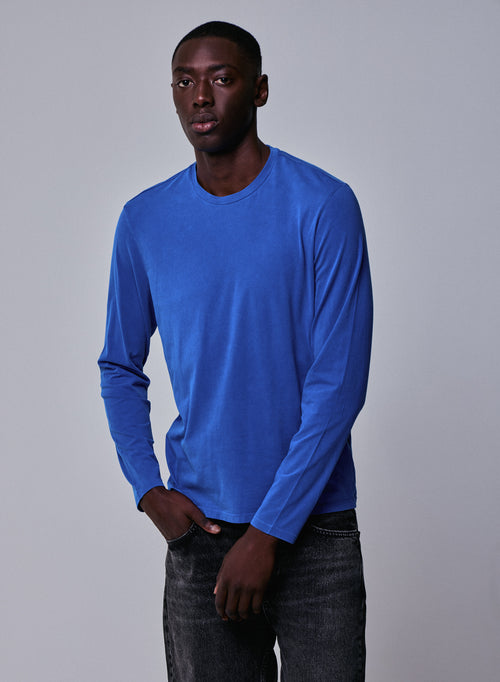 Blue Round Neck Long Sleeve T-shirt in Organic Cotton / Elastane - MAJESTIC FILATURES