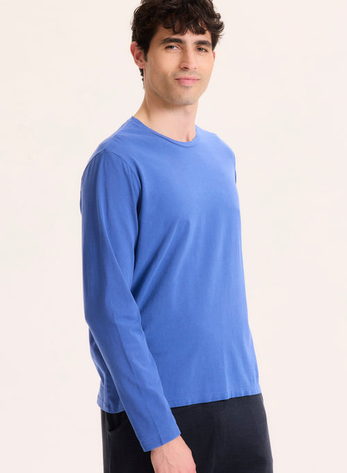 Camiseta azul de manga larga con cuello redondo en algodón orgánico / elastano - MAJESTIC FILATURES