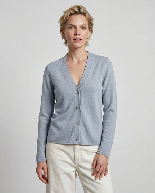 Light Blue V-neck Long-Sleeve Cashmere Cardigan - MAJESTIC FILATURES