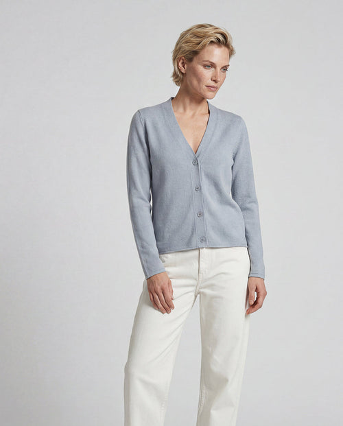 Light Blue V-neck Long-Sleeve Cashmere Cardigan - MAJESTIC FILATURES