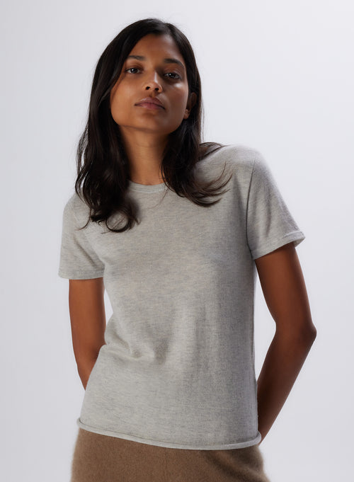 Beige Cashmere Short Sleeve Round Neck TShirt WOMEN|Majestic Filatures - MAJESTIC FILATURES