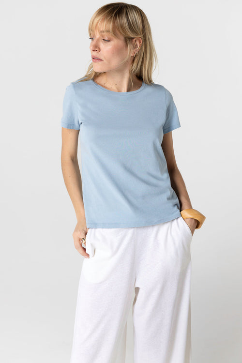 T-shirt Bleu Clair Col Rond Manches Courtes en Cachemire - MAJESTIC FILATURES