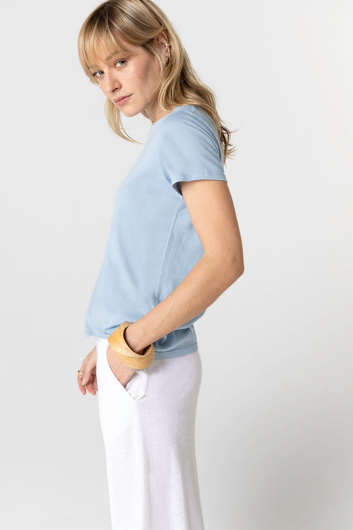 T-shirt Bleu Clair Col Rond Manches Courtes en Cachemire - MAJESTIC FILATURES