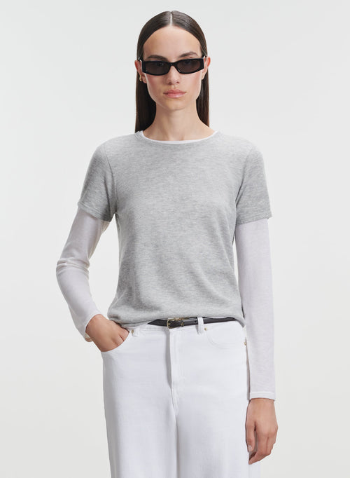 Grey Round Neck Short Sleeve T-shirt in 100% Cashmere - MAJESTIC FILATURES