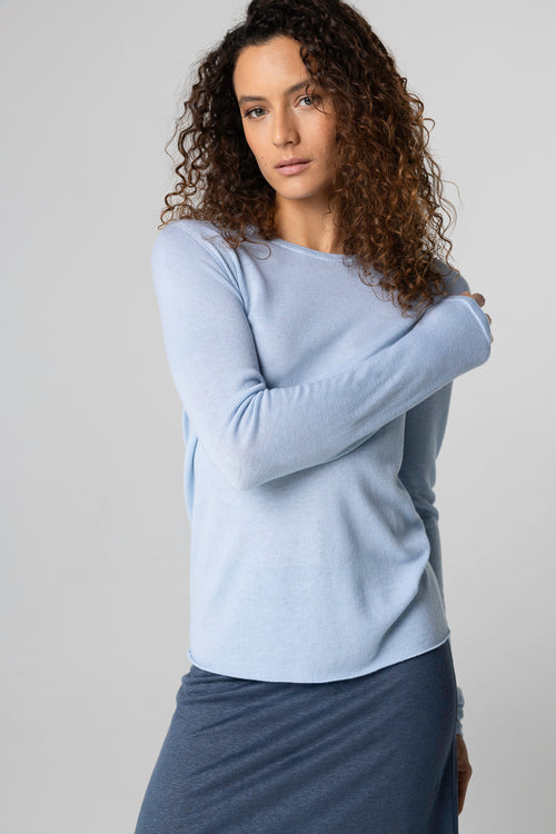 T-shirt Bleu Clair Col Rond Manches Longues en Cachemire - MAJESTIC FILATURES