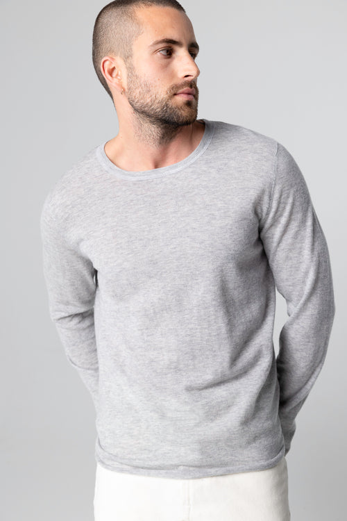 T-shirt Gris Col Rond Manches Longues en Cachemire - MAJESTIC FILATURES