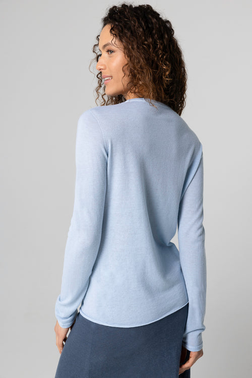 T-shirt Bleu Clair Col Rond Manches Longues en Cachemire - MAJESTIC FILATURES