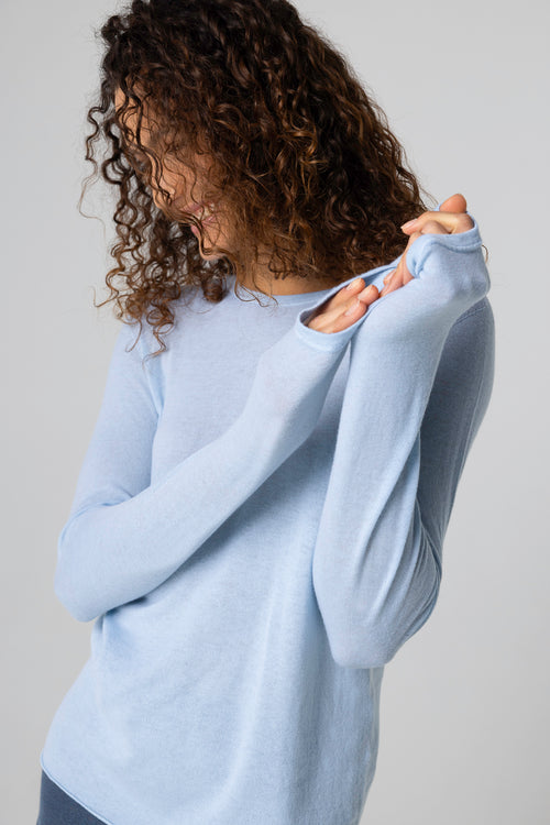 T-shirt Bleu Clair Col Rond Manches Longues en Cachemire - MAJESTIC FILATURES