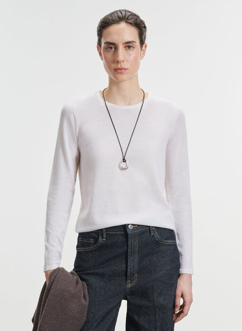 Ecru Round-Neck Long-Sleeve Cashmere T-shirt  - MAJESTIC FILATURES