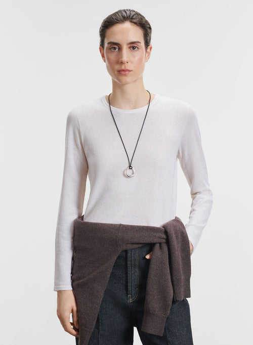 Ecru Round-Neck Long-Sleeve Cashmere T-shirt  - MAJESTIC FILATURES