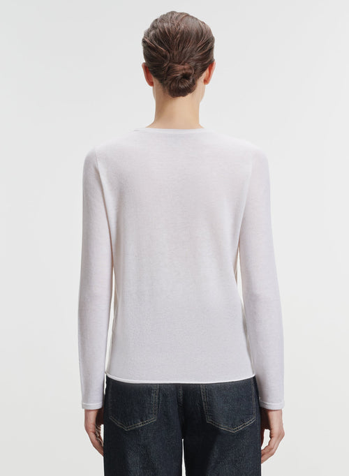 Ecru Round-Neck Long-Sleeve Cashmere T-shirt  - MAJESTIC FILATURES