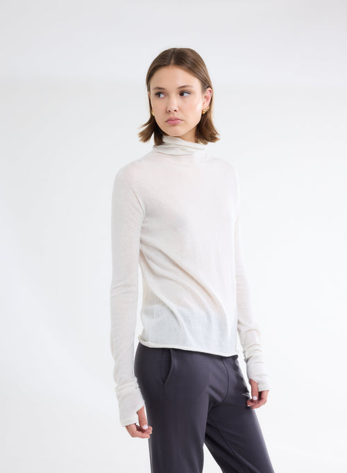 White Cashmere Turtleneck Long Sleeve T-shirt - MAJESTIC FILATURES