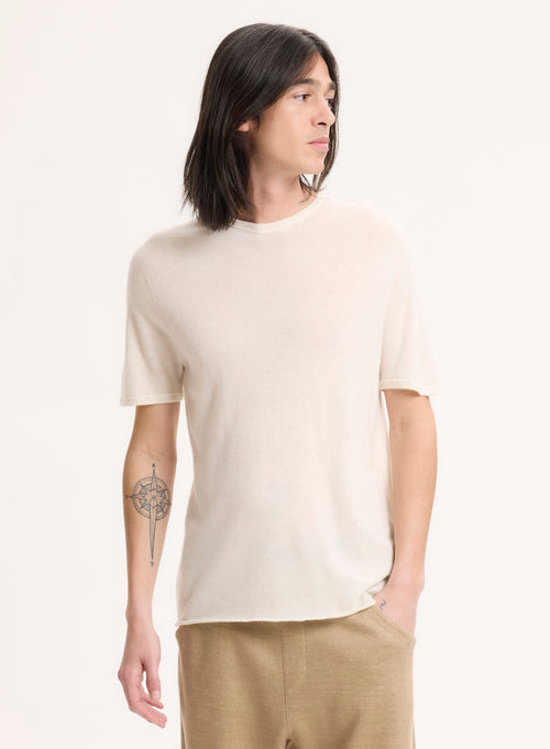 Milk Short Sleeve Round Neck Cashmere T-Shirt - MAJESTIC FILATURES