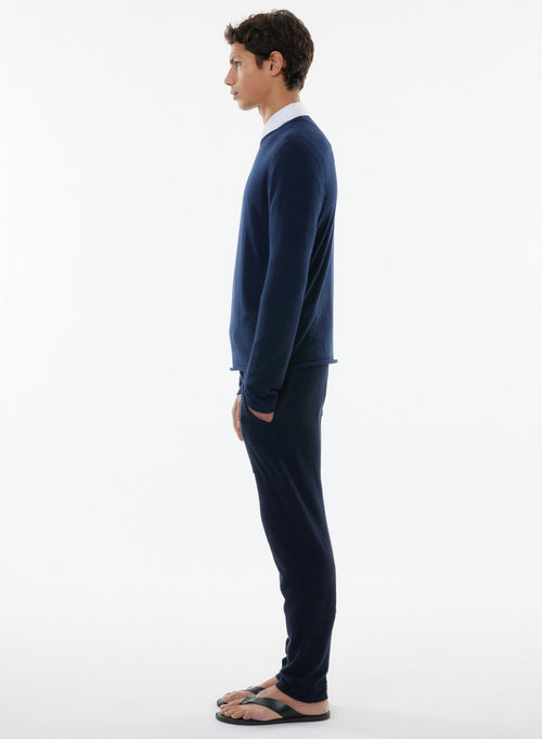 Navy Long Sleeve Round Neck Cashmere T-shirt - MAJESTIC FILATURES