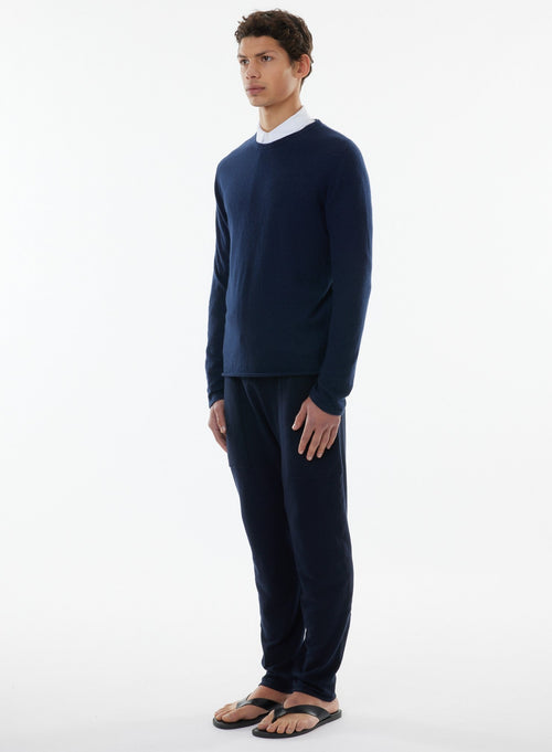 Navy Long Sleeve Round Neck Cashmere T-shirt - MAJESTIC FILATURES