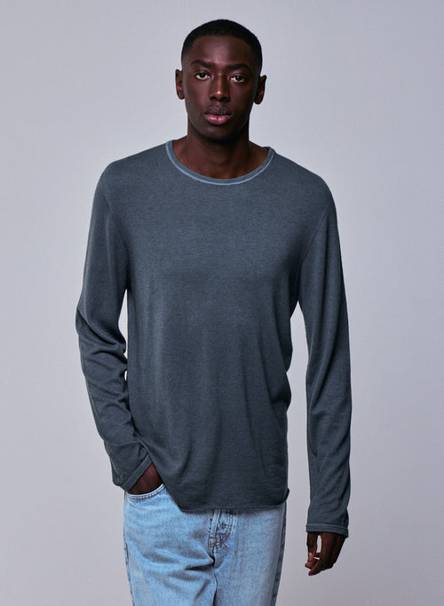 T-shirt Gris Col Rond Manches Longues en Cachemire - MAJESTIC FILATURES