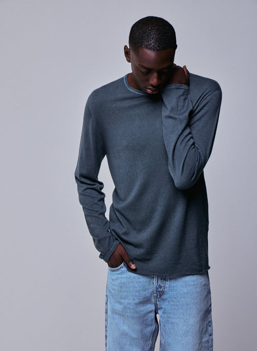 Graues Langarm-T-Shirt aus Kaschmir mit Rundhalsausschnitt - MAJESTIC FILATURES