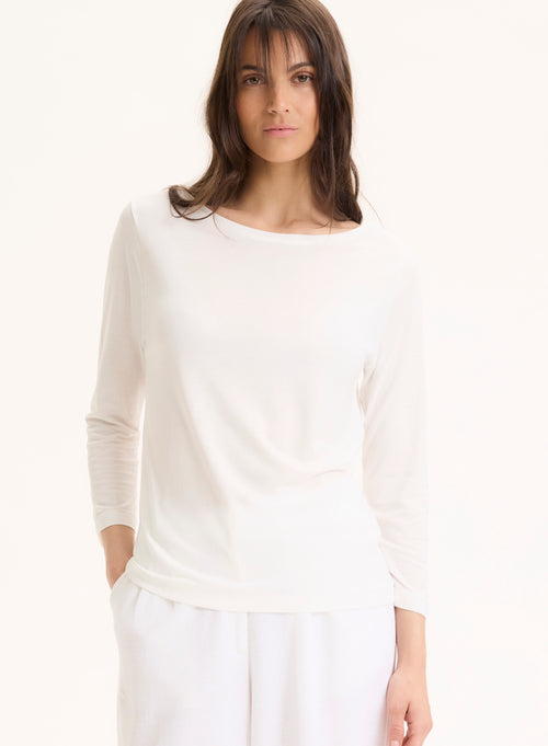 White Boat Neck T-shirt with Three-Quarter Sleeves - MAJESTIC FILATURES