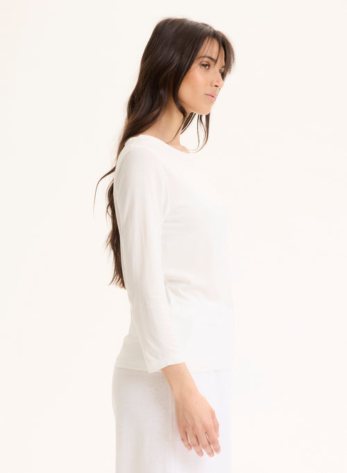 White Boat Neck T-shirt with Three-Quarter Sleeves - MAJESTIC FILATURES