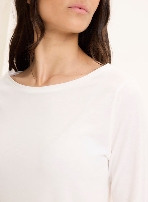 White Boat Neck T-shirt with Three-Quarter Sleeves - MAJESTIC FILATURES