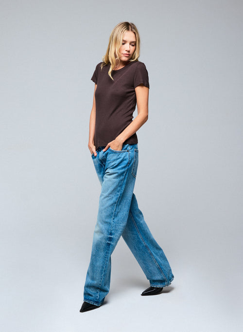 Brown Round Neck Short Sleeve T-shirt in Lyocel / Tencel / Cotton - MAJESTIC FILATURES