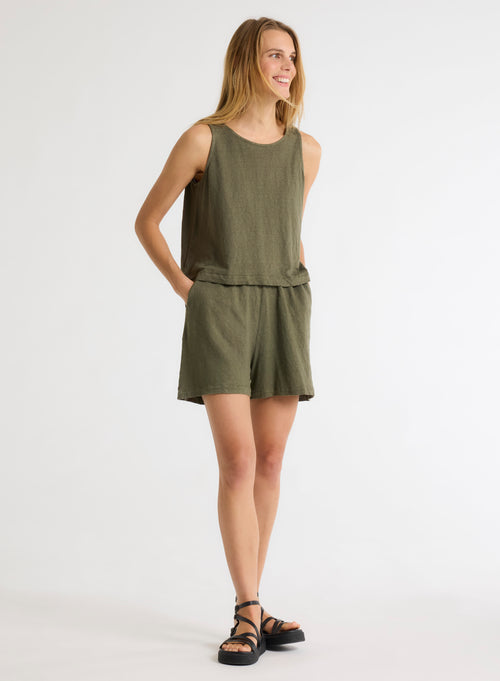 Camiseta de tirantes con cuello redondo de lino verde©/ elastano - MAJESTIC FILATURES
