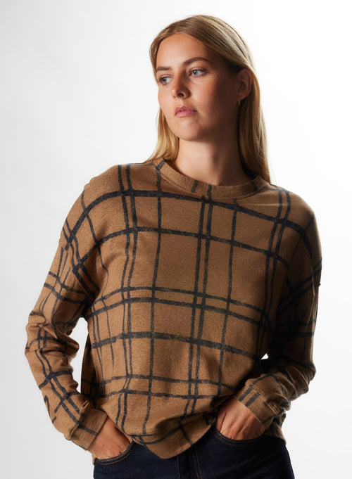 Sudadera de manga larga y cuello redondo de algodón camel / cachemir - MAJESTIC FILATURES