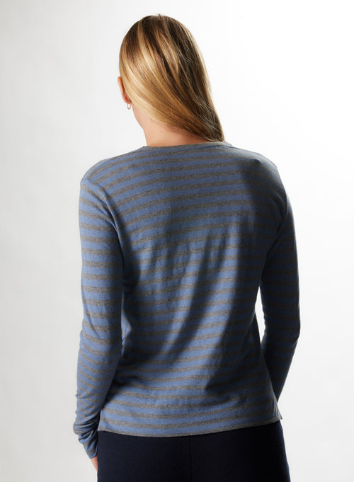 "Cotton / Cashmere Striped Long Sleeve Round Neck T-Shirt" - MAJESTIC FILATURES