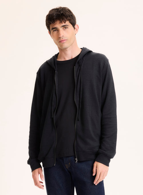 Gilet Noir Col Capuche Manches Longues en Lin / Coton organique - MAJESTIC FILATURES