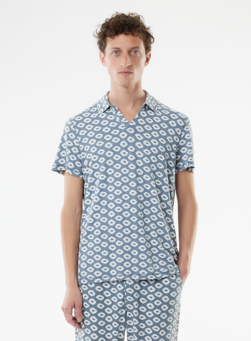 Blue Short Sleeve Polo Shirt in Linen, Elastane - MAJESTIC FILATURES