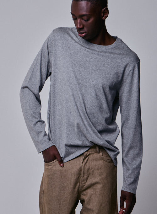 Graues Langarm-T-Shirt mit Rundhalsausschnitt aus Bio-Baumwolle - MAJESTIC FILATURES