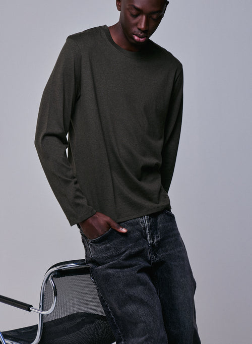 Grünes Langarm-T-Shirt mit Rundhalsausschnitt aus Bio-Baumwolle - MAJESTIC FILATURES