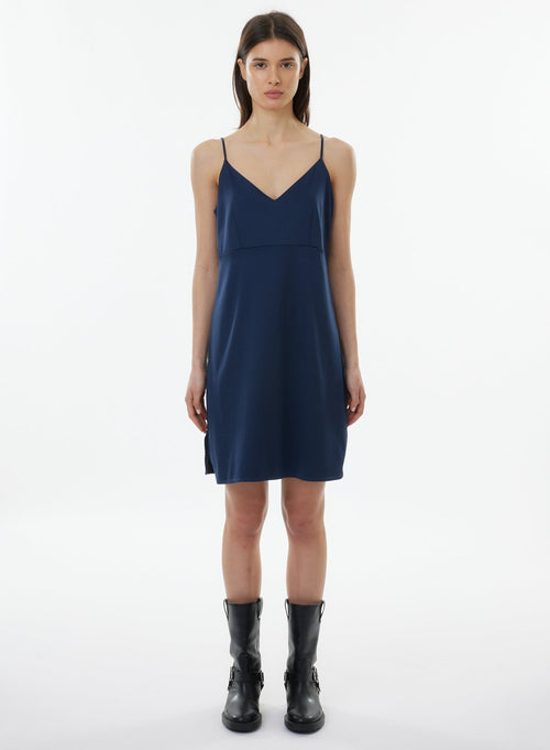 Navy Dress with Thin Straps and V-Neck - MAJESTIC FILATURES