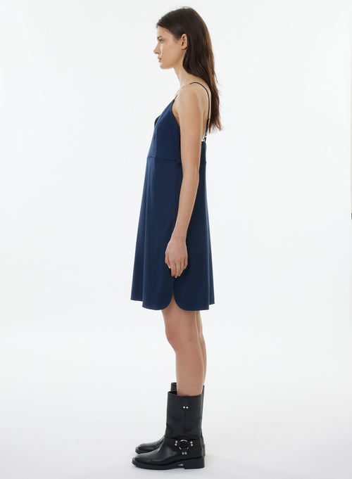 Navy Dress with Thin Straps and V-Neck - MAJESTIC FILATURES