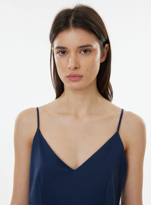 Navy Dress with Thin Straps and V-Neck - MAJESTIC FILATURES