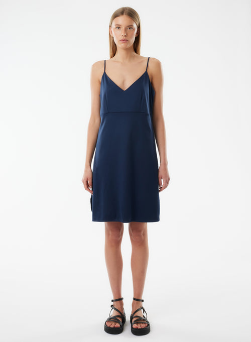 Navy Dress with Thin Straps and V-Neck - MAJESTIC FILATURES