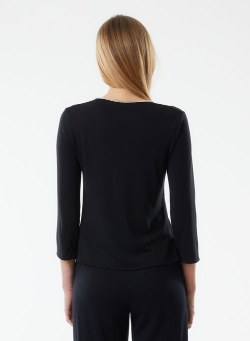 Black 3/4 Sleeve V-Neck T-Shirt in Lyocell, Tencel / Organic Cotton - MAJESTIC FILATURES