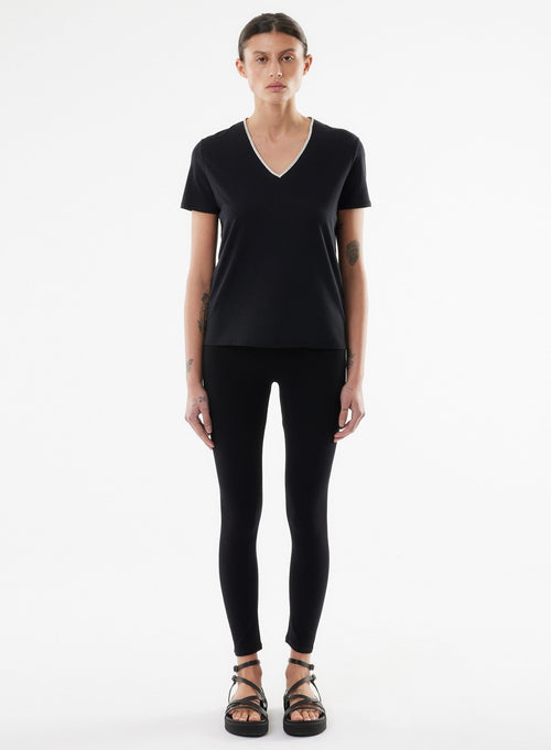 Black Short Sleeve V-Neck T-Shirt in Lyocell, Tencel / Organic Cotton - MAJESTIC FILATURES