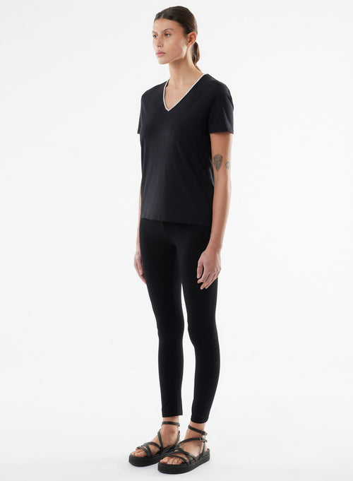 Black Short Sleeve V-Neck T-Shirt in Lyocell, Tencel / Organic Cotton - MAJESTIC FILATURES