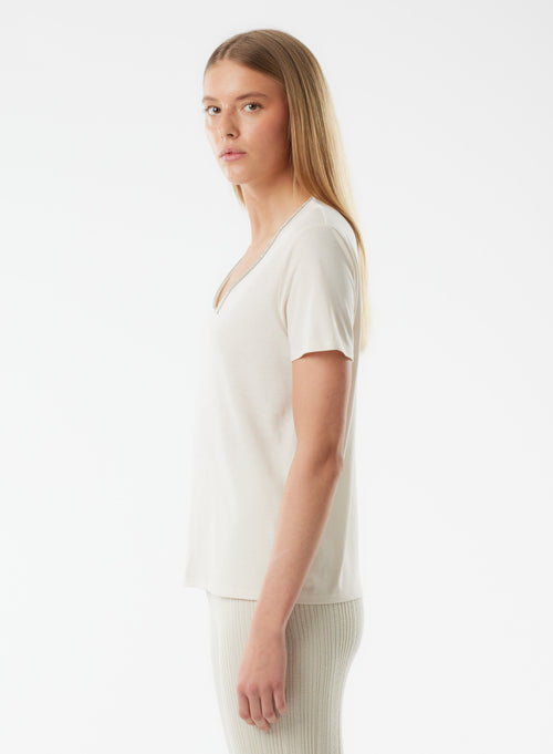 White Short Sleeve V-Neck T-Shirt in Lyocell, Tencel / Organic Cotton - MAJESTIC FILATURES